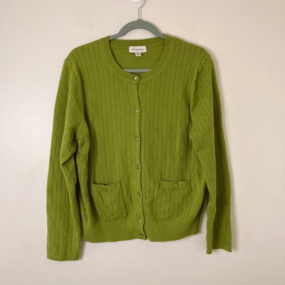 Chartreuse Green Cable Knit Button Front Cardigan Sweater L Cottagecore Preppy